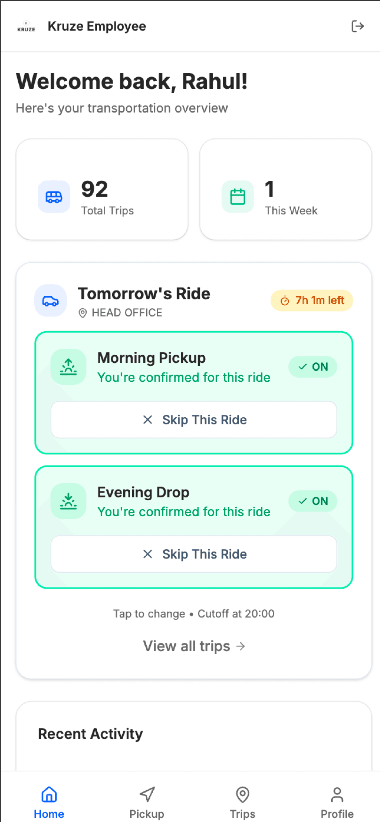 Trip scheduling in the Kruze Commute app